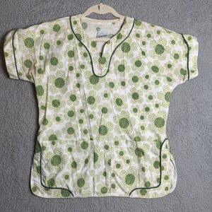 SCRUB‎ Smock Top Green Flowers Floral Design On White With 2 Pockets Sz S/M